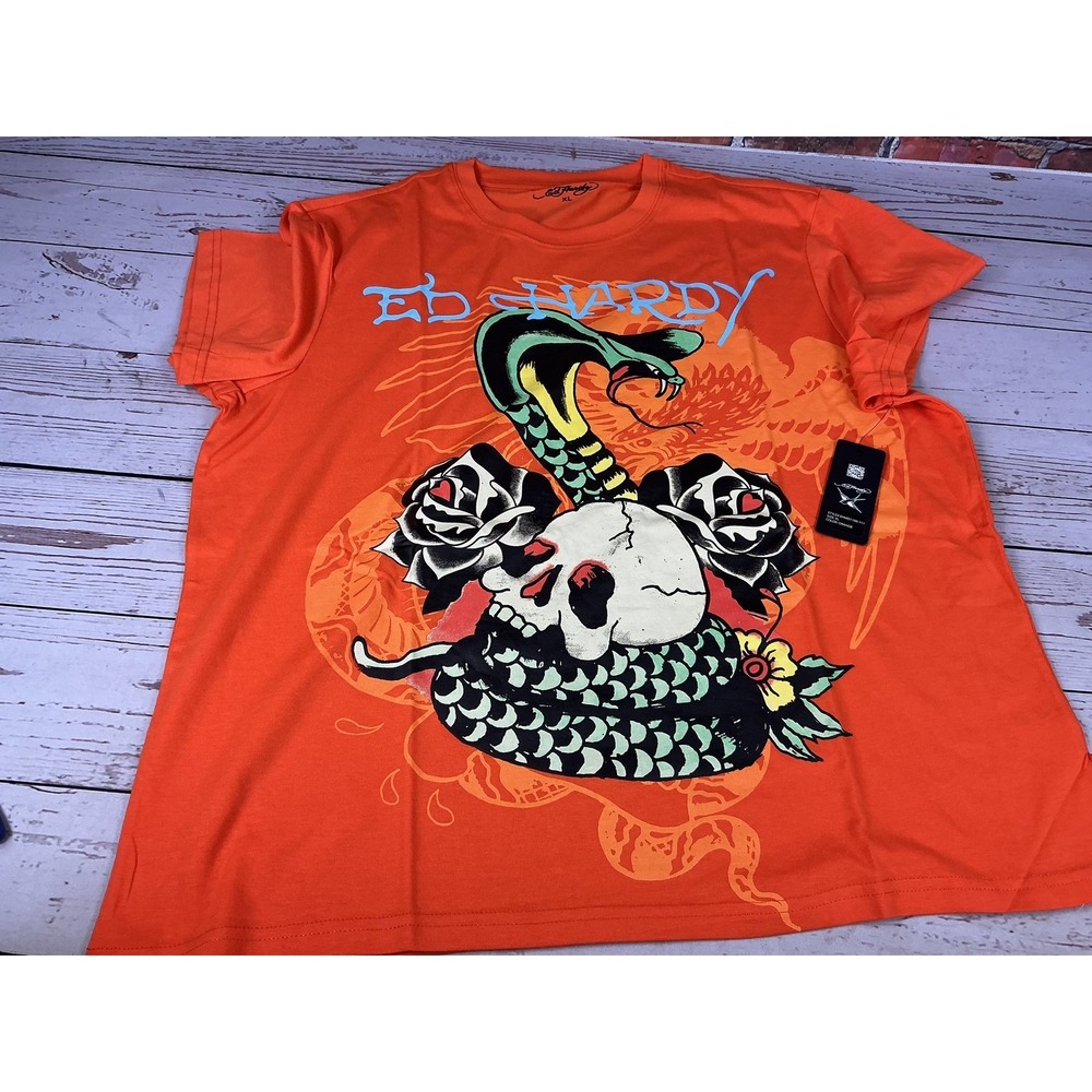 Ed Hardy Men's XL Orange Skull Snake Rose Tattoo Art T-Shirt NEW NWT